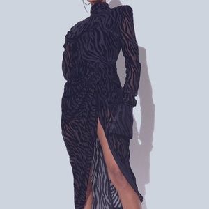 Black Zebra Devore High Neck Draped Midi Dress